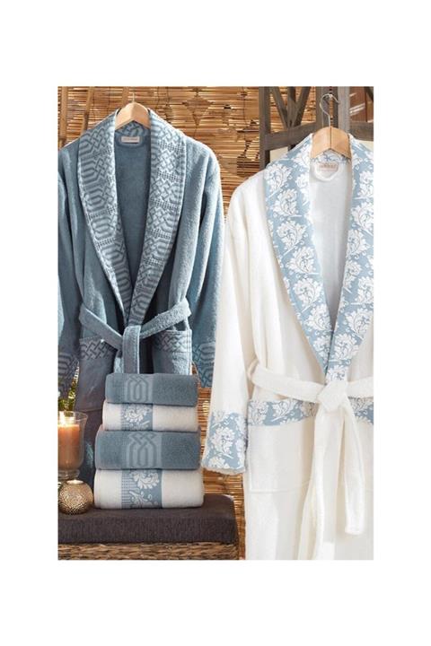 Dantela Unisex Diana Krem Mavi 6 Lı Jakarlı Pamuk Bornoz Seti