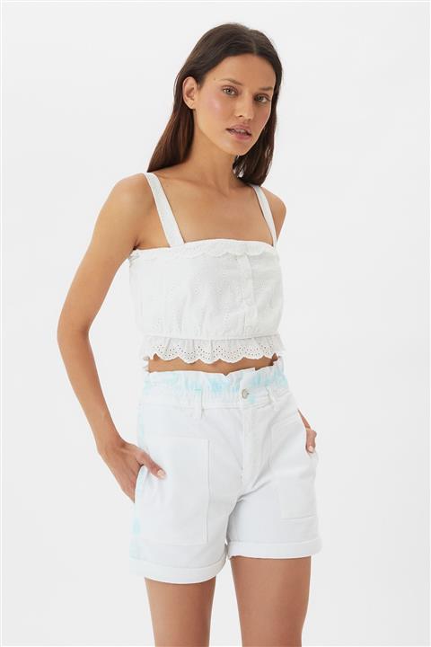 TRENDYOLMİLLA Beyaz Batik Yıkamalı Beli Büzgülü Denim Şort TWOSS21SR0503