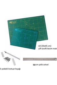 HeCe Profesyonel Kesim Matı Seti A3 Cutting Mat (30x45)+50 Cm Çelik Cetvel+kretuar Bıçağı(5 Yedekli)