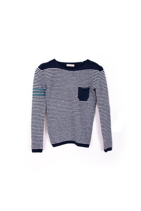 Jupyter Butik Kadın Beyaz Lacivert Çizgi Desenli Yünlü Cep Detaylı Kazak Sweater