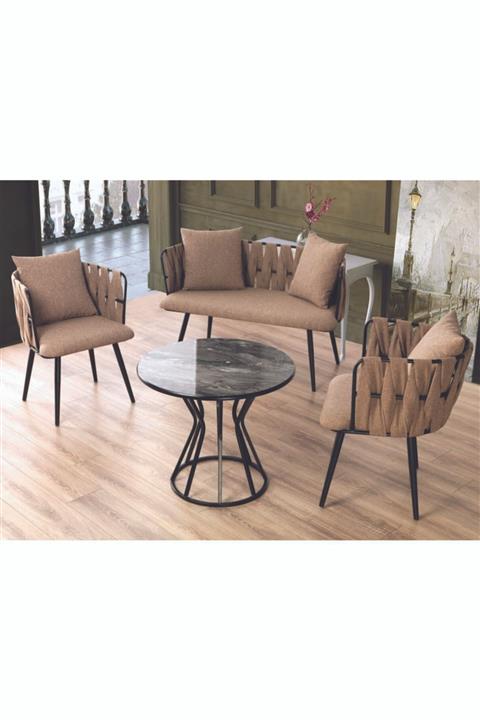 Emma Concept Çay Seti Oturma Takımı + Masa Metal Mat Siyah Bej Keten Kumaş ( Ofis, Cafe, Bahçe, Bekleme )
