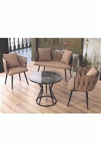 Emma Concept Çay Seti Oturma Takımı + Masa Metal Mat Siyah Bej Keten Kumaş ( Ofis, Cafe, Bahçe, Bekleme )