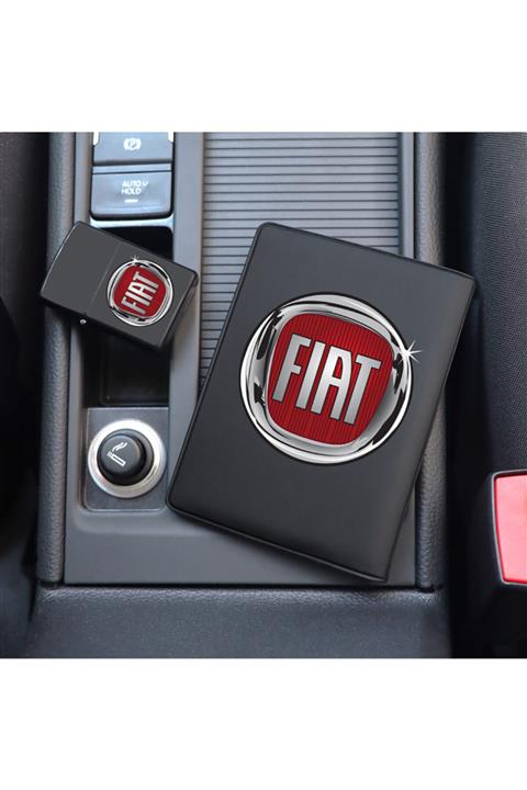 MaveraShop Özel Tasarım Fiat Logolu Siyah Ruhsat Kılıfı Ve Benzinli Çakmak