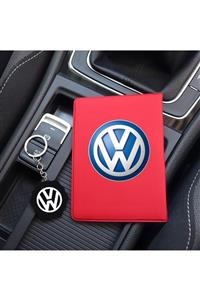 MaveraShop Özel Tasarım Volkswagen Logolu Kırmızı Ruhsat Kılıfı Ve Anahtarlık