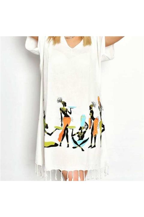 ALKINOOZ Bambu Peştemal Afro Kadınlar Desenli Plaj Elbisesi