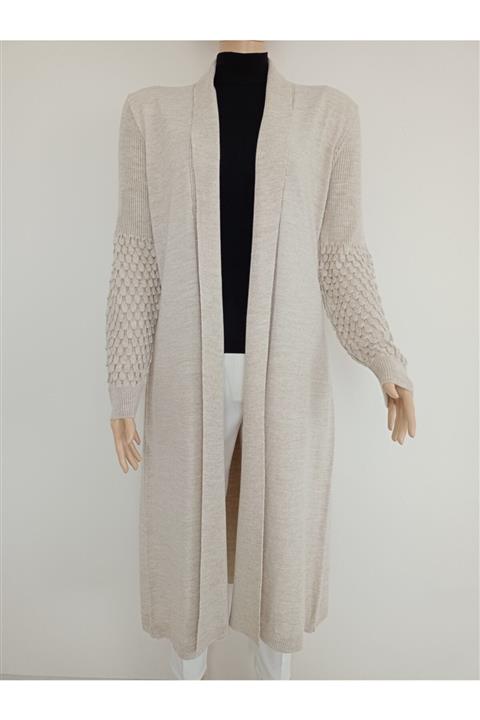 sempati Krem Rengi Kolu Kabartmalı Kadın Tesettür Triko Uzun Hırka