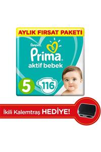 Prima Bebek Bezi Aktif Bebek 5 Beden Junior Aylık Fırsat Paketi 116 Adet + Kalemtıraş Hediyeli