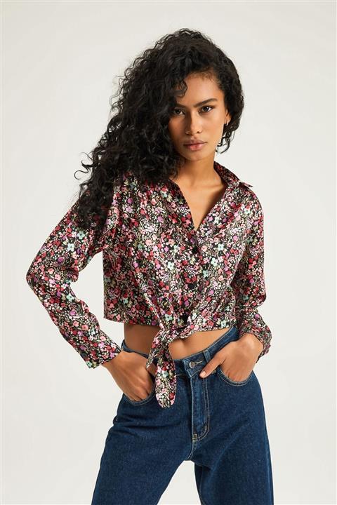 Quzu Kadın Siyah Önden Bağlamalı Çiçekli Gömlek