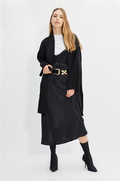 Trendyol Modest Siyah Cepli Uzun Oversize Triko Hırka TCTAW22HI0504