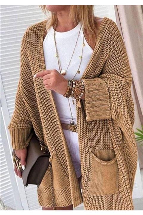 BEŞİR GİYİM Kadın Camel Oversize Kalıp Cepli Salaş Triko Hırka