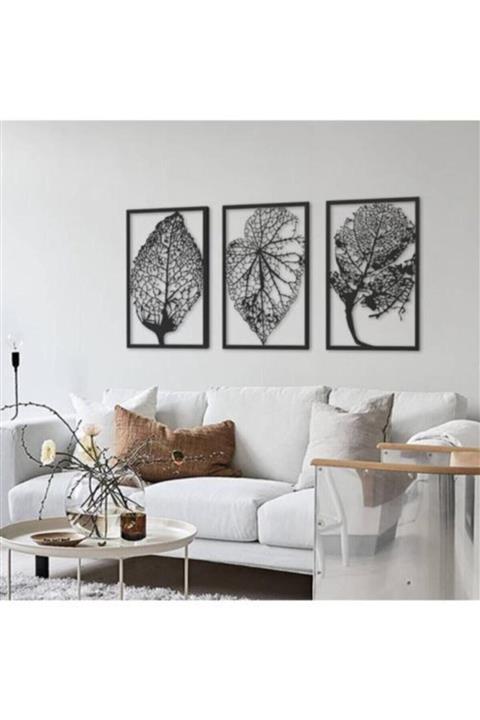 AhşapSepeti Sonbahar 3'lü Siyah Yaprak Ahşap Tablo 50x32 3lü Yaprak Çerçeveli Model