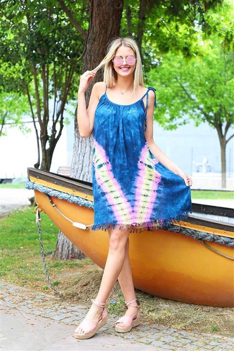 YILSOY TEKSTİL Kadın Lacivert İp Askılı V Desenli Batik Elbise