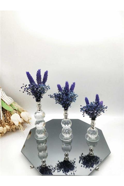 ZEKAAVM 3lü Gümüş Kristal Mor Çiçekli Set