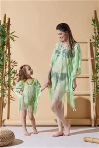 MODAFABRİK Ananas Yeşil Anne Çocuk Plaj Elbisesi