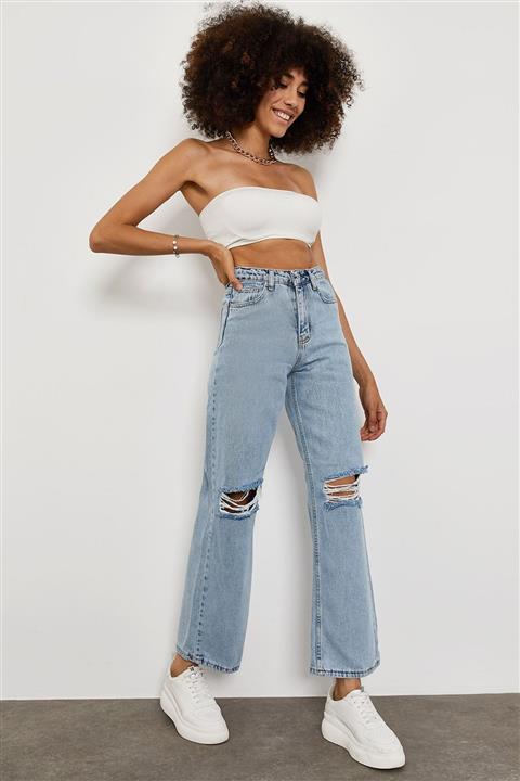 XHAN Buz Rengi Yırtık Detaylı Yüksek Bel Pantolon 1yxk5-45121-62