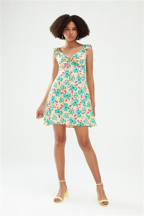 Quzu Desenli Sırt Dekolteli Mini Elbise Sarı