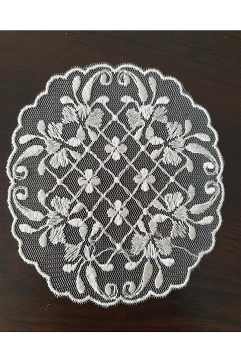 Beyaziş Yuvarlak 6'li Kokteyl Peçetesi Gipürlü Tül - Ekru Renkli - 10cm