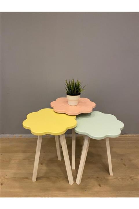 hayathome Krem Papatya Desenli 3 lü Zigon Sehpa