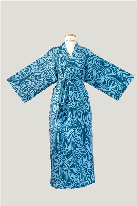 KİMONOTTO Mavi Desenli Kuşaklı Kimono/sabahlık