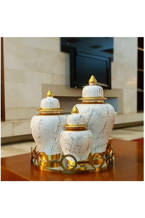 KIRAT HOME DESIGN Dekoratif 3'lü Krem Altın Renkli Şık Mermer Desenli Küp