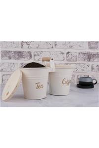 Kitchen Chef 2'li Bambu Kapaklı Lüx Metal Çay Ve Kahve Saklama Kovası Krem