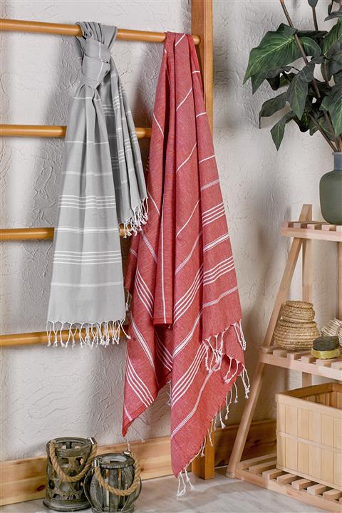Semecca %100 Pamuk Peştamal Açık Gri-kırmızı 100x180