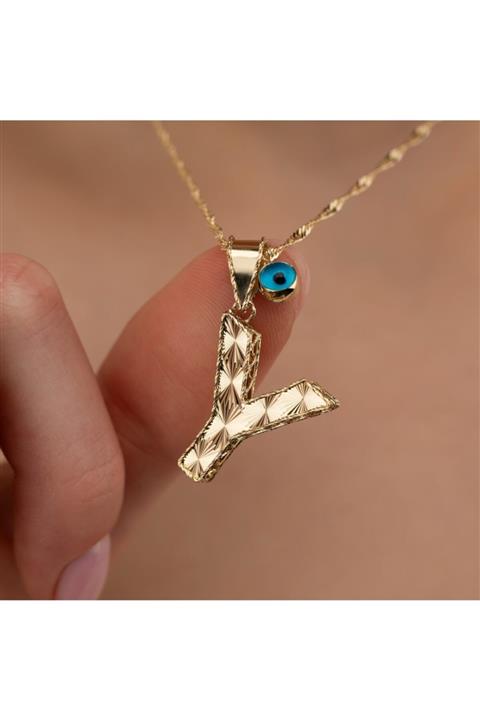 ELEF JEWELLERY Y Harfli 14 Ayar Altın Retro Kolye