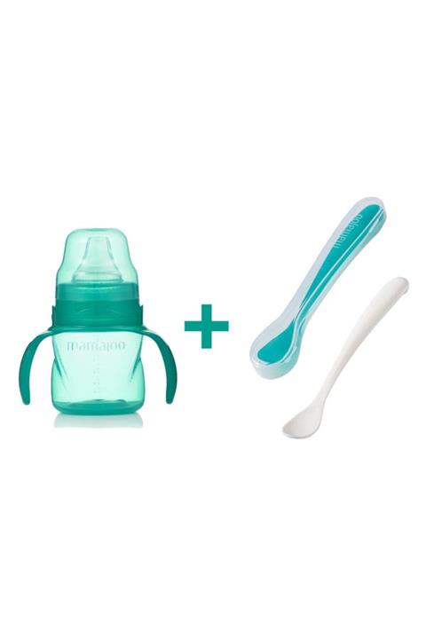 Mamajoo Kulplu Eğitici Bardak 160 ml ve İkili Beslenme Kaşığı Yeşil