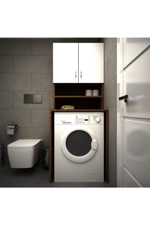 EraHome Çamaşır Makinesi Alt Ve Üst Dolap Takımı Ceviz/beyaz