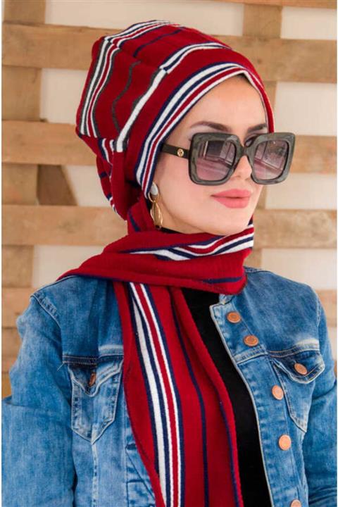 Aişe tesettür Bordo Çizgili Tesettür Bere