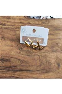 modakay Gold Renk 316 L Cerrahi Çelik Geometrik 3 Lü Kombin Halka Küpe Seti