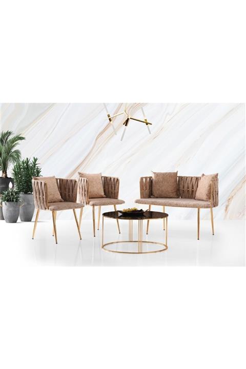 Viento Mobilya Sarmaşık Çay Seti Bronz Cam Gold Ceren Orta Sehpa 1 Adet Sarmaşık Bench 2 Adet