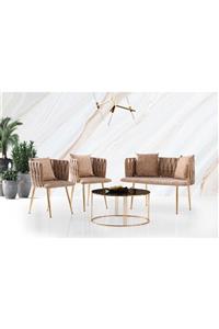 Viento Mobilya Sarmaşık Çay Seti Bronz Cam Gold Ceren Orta Sehpa 1 Adet Sarmaşık Bench 2 Adet