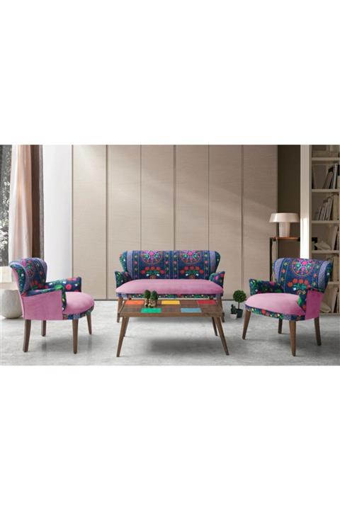 PİAEVİ Hawana Etnik Desen Mor Sehpalı Çay Seti  2+1+1