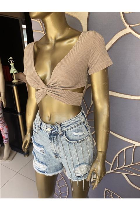 mogomood Taşlı Yüksek Bel Kot Şort