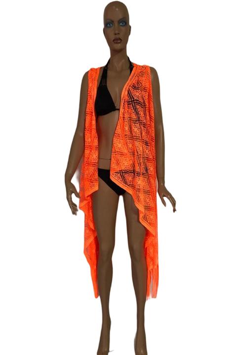 Burku Kadın Turuncu Fosforlu Baklava Dilim Desenli Püsküllü Pareo