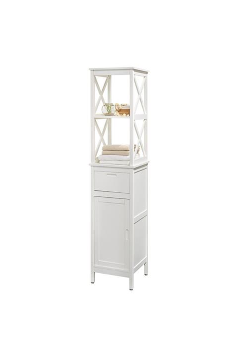 INTERBUILD REAL WOOD Interbuild Masif Akasya Ve Mdf Den Mamul,ahşap Depolama Yüksek Banyo Dolabı 40x40x183cm, Beyaz