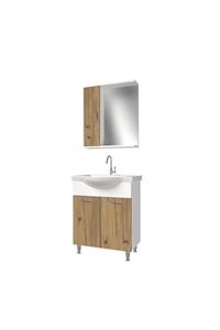 banos Kl5 Metal Ayaklı 2 Kapaklı Lavabolu Ceviz Beyaz Mdf 65 Cm Banyo Dolabı Aynalı Üst Dolabı