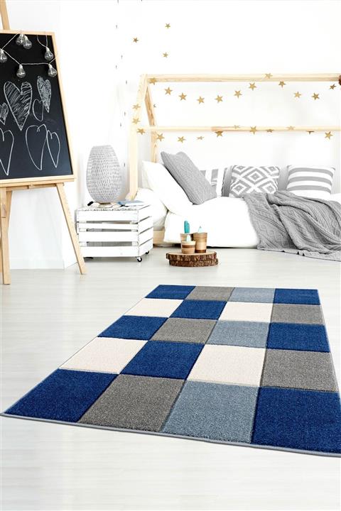 Eliz Home Mavi Gri Krem Kare Desenli Modern Oymalı Makina Dokuma Çocuk Odası Halısı
