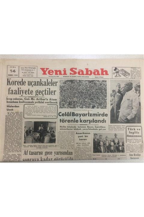 Gökçe Koleksiyon Yeni Sabah Gazetesi 14 Temmuz 1950 - Kore'de Uçan Kaleler Faaliyete Geçtiler Gz52186