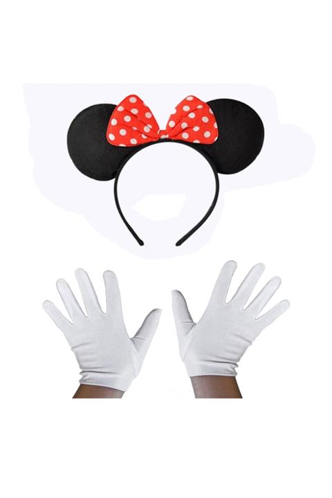 Samur Kırmızı Fiyonklu Minnie Mouse Tacı Ve Beyaz Eldiven Seti
