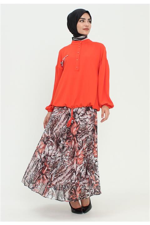 Setrms Oranj Etnik Desenli Pliseli Etek 2126065