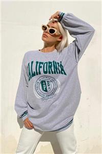 SwistLuxury Gri Clfrnia Baskılı Bisiklet Yaka Kadın Sweatshirt