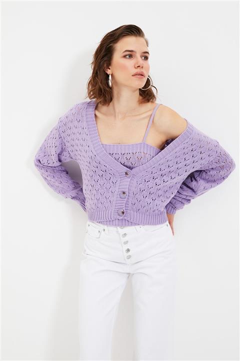 TRENDYOLMİLLA Lila Ajurlu Bluz-Hırka Triko Takım TWOSS20HI0034