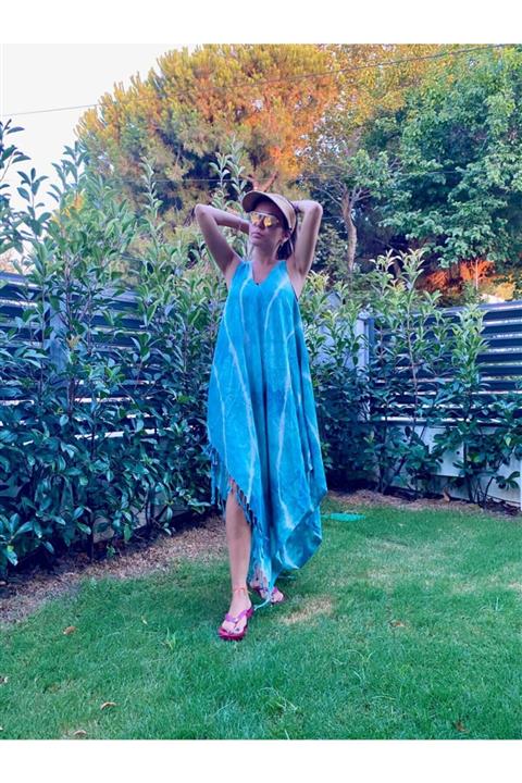 DRESS4EVENT Kadın Yeşil Batik Desen Plaj Elbisesi