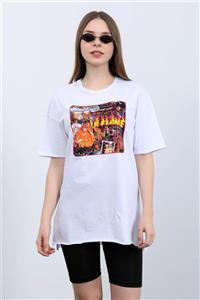 Masorte Kadın Beyaz La Flame Baskılı T-shirt