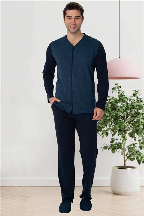 By Mecit Pijama Erkek Büyük Beden Indigo Önden Düğmeli Pijama Takımı