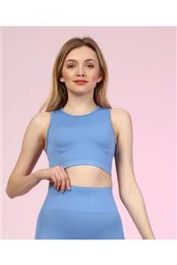 GoodSell Seamless Toparlayıcı Dikişsiz Fitilli Spor Crop Mavi