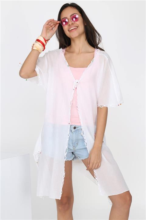 Patiska Kadın Beyaz Boncuk Ve Kuş Nakış Detaylı Pareo 4104