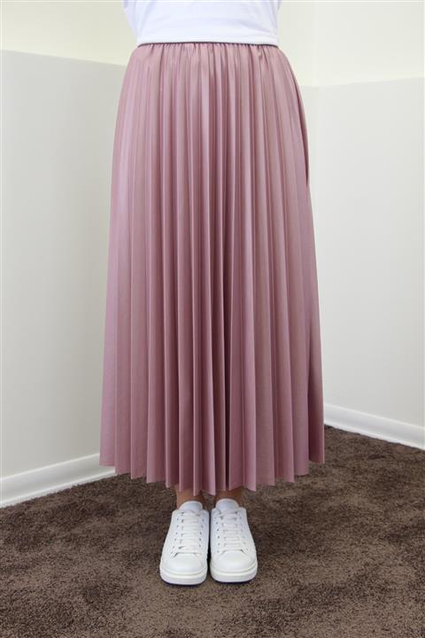 Esvet Kadın Pembe Tesettür Piliseli Beli Lastikli Etek